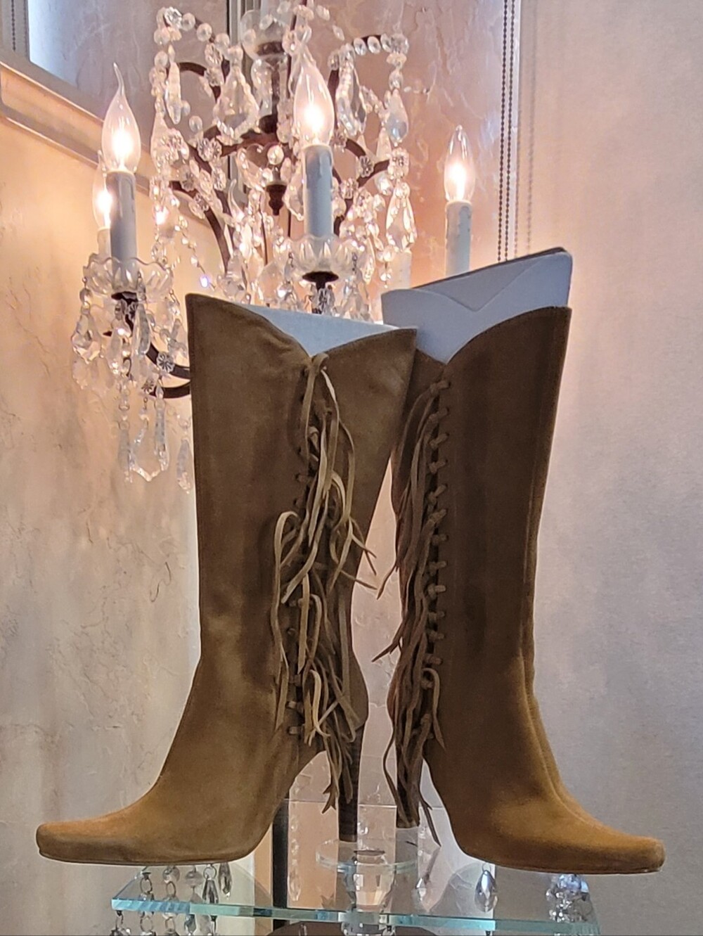 MIA Tan Suede Fringed Tall Western Boots. Y2K Size 6.5 Stiletto Heels 4in - Picture 13 of 17